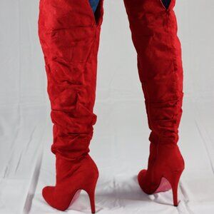 Red Suede Over The Knee Spike Heel Boots 9
